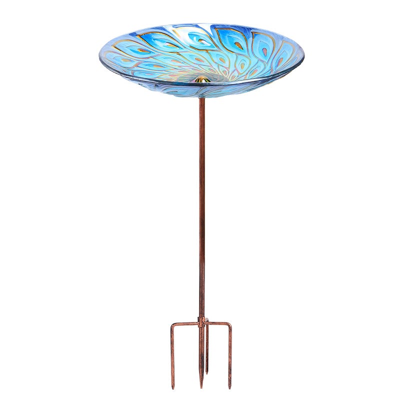 MUMTOP Glass Bird Bath, Garden Outdoor Birdbaths Birdfeeder with Metal Stake Peacock - Image 1